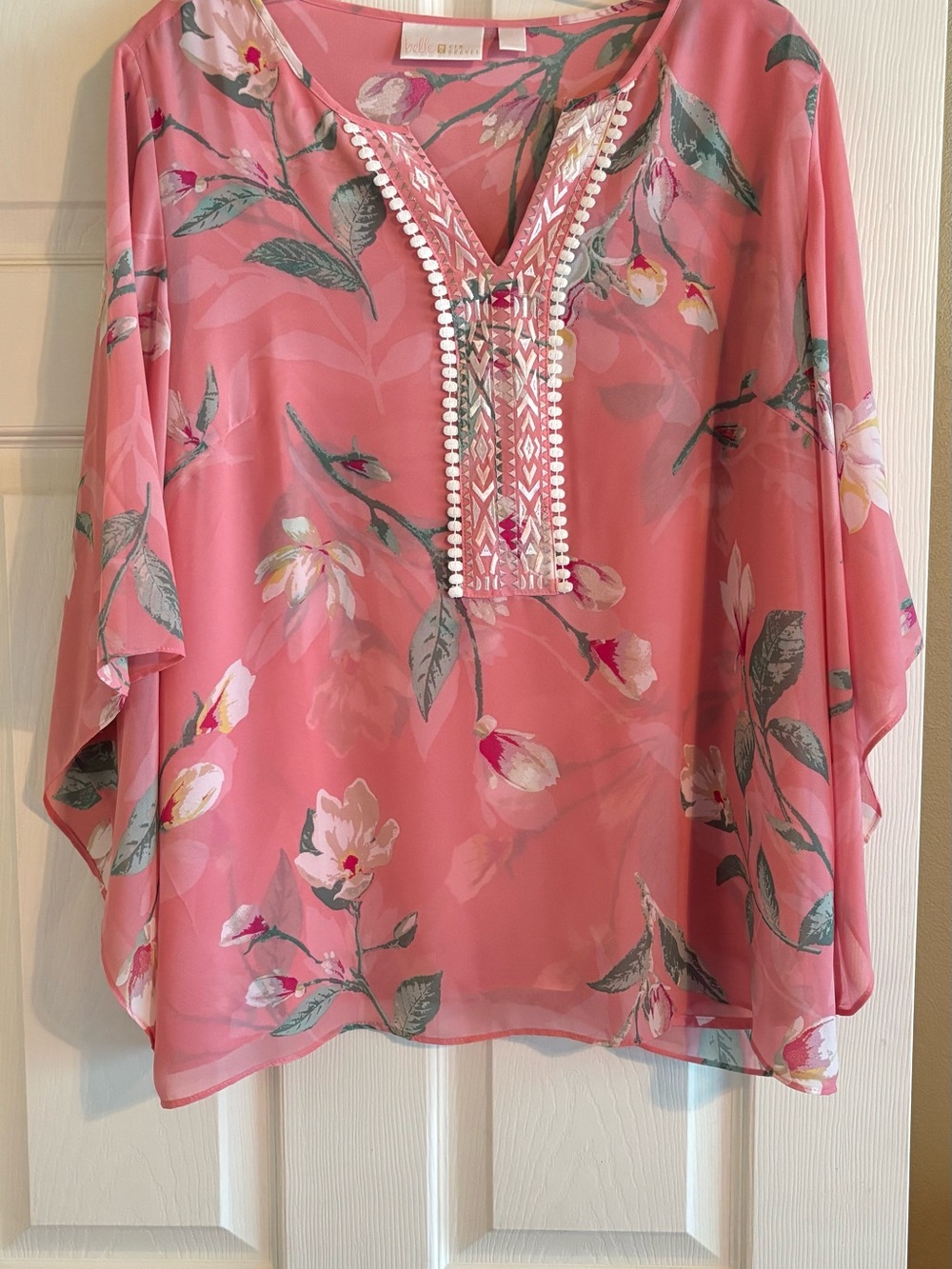 Belle by Kim Gravel Pink Floral Embroidered V-Neck Tunic